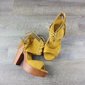 Lace Up Fringe Chunky Heels